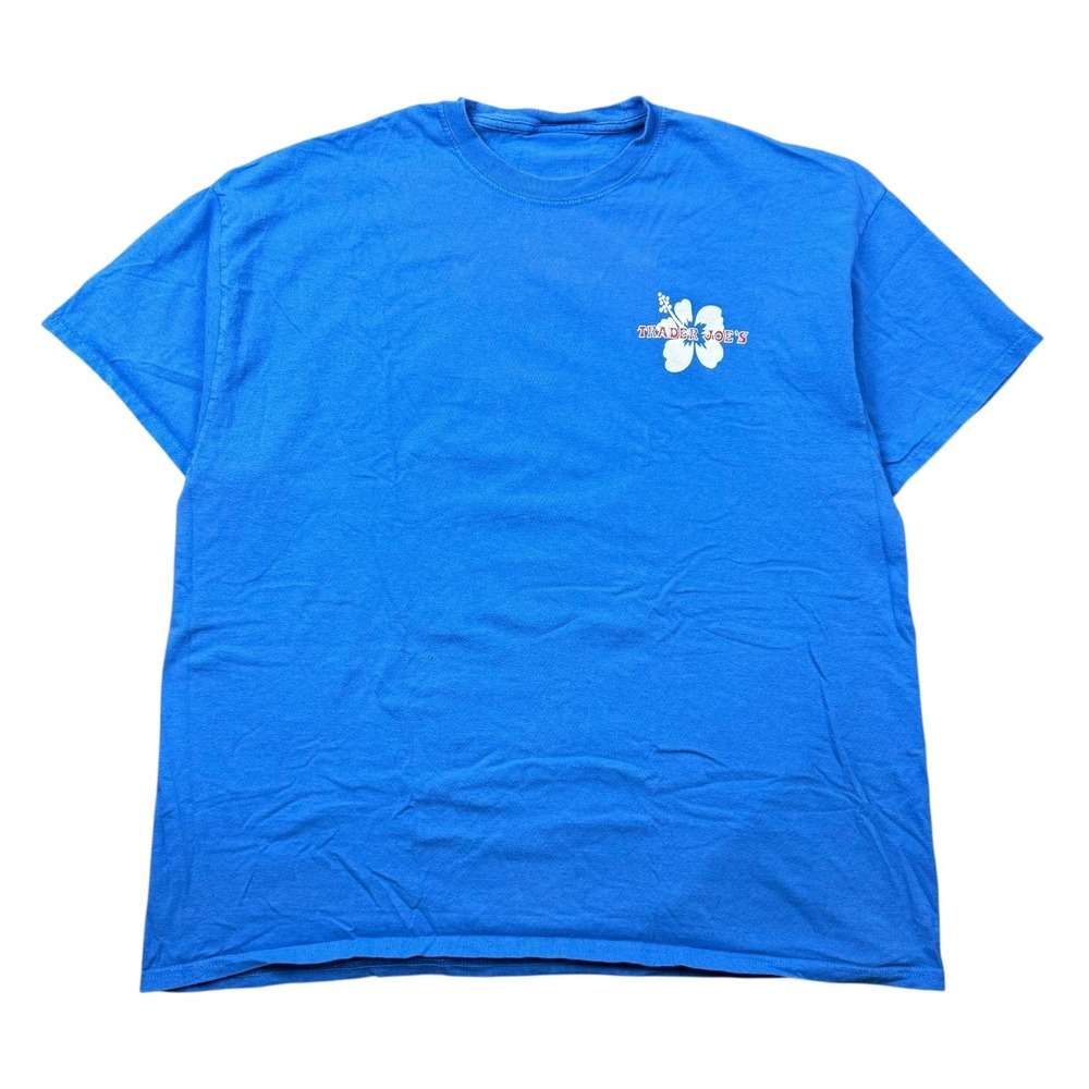 Trader Joes Shirt Men XXL Blue Short Sleeve Hawaiian Hibiscus Logo Grocery Store